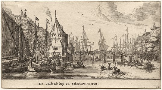 Reinier Nooms (Dutch, c. 1623-1667) - Ships of Amsterdam, The Geldersche Quai and Schreiers Tower - 1944.27.8 - Cleveland Museum of Art. Free illustration for personal and commercial use.