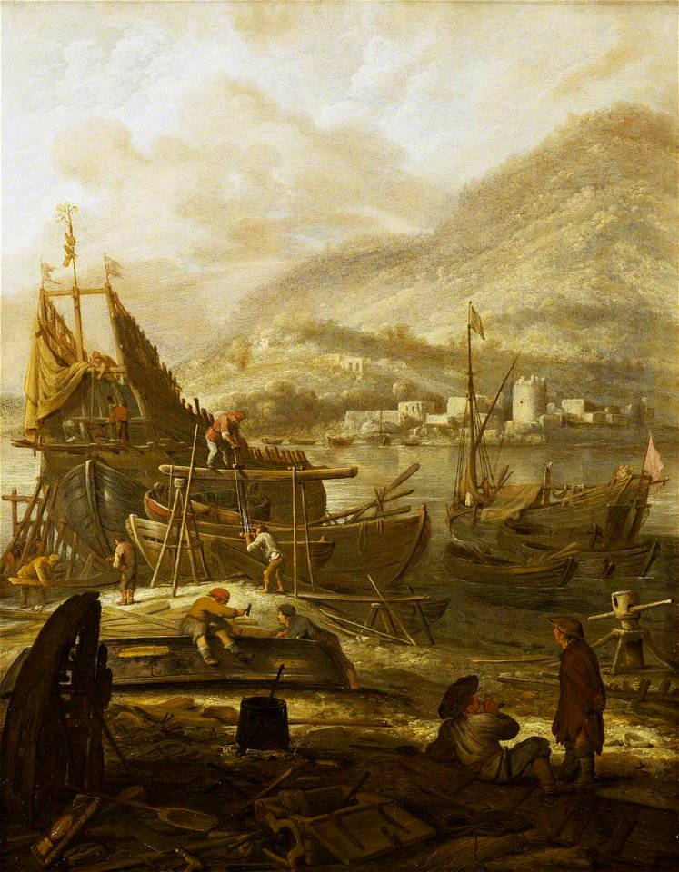 Reinier Nooms (Zeeman) (c.1623-1664) - Shipbuilding at Porto Santo Stefano, Italy - BHC0815 - Royal Museums Greenwich
