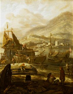 Reinier Nooms (Zeeman) (c.1623-1664) - Shipbuilding at Porto Santo Stefano, Italy - BHC0815 - Royal Museums Greenwich