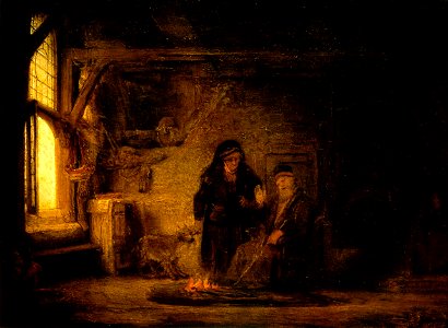 Rembrandt (en atelier) - Tobias en Anna met het bokje (1645). Free illustration for personal and commercial use.