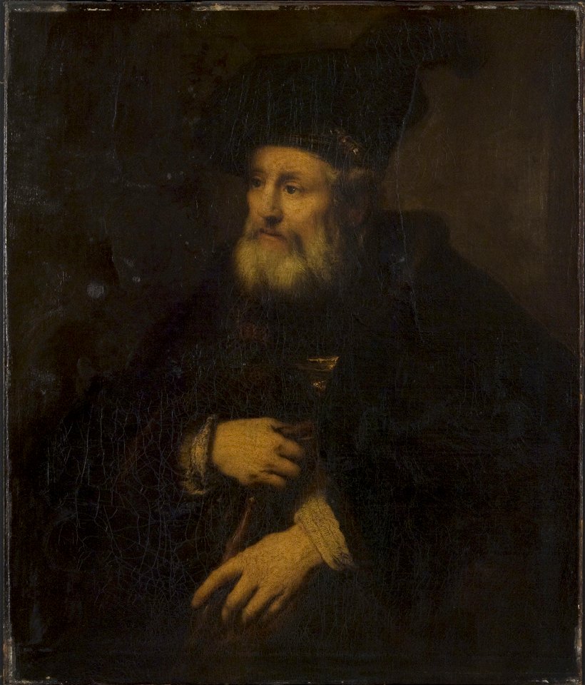 Rembrandt follower - Old Man in Fanciful Costume Holding a Stick - E1924-3-89-nyd