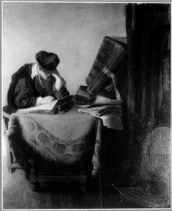 Rembrandt - Young scholar reading in a study. Free illustration for personal and commercial use.
