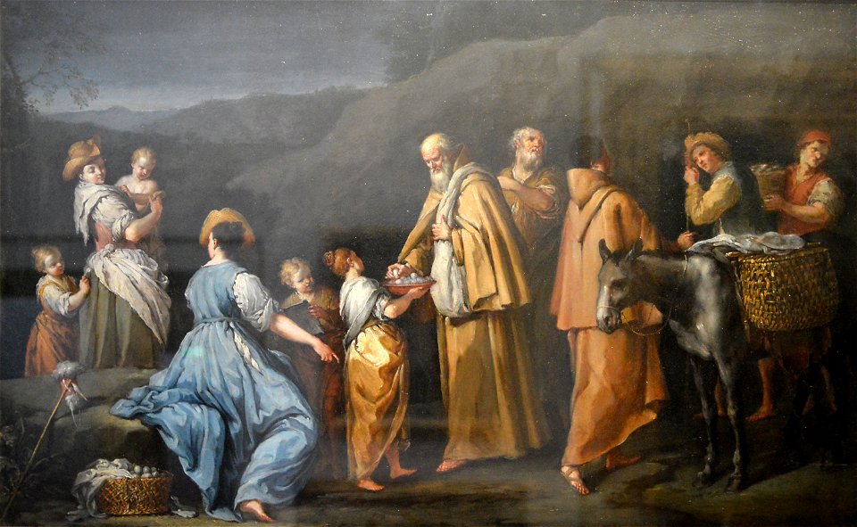 Religieux quêteurs à qui une jeune fille donne des œufs - Giuseppe Gambarini - Q18573679