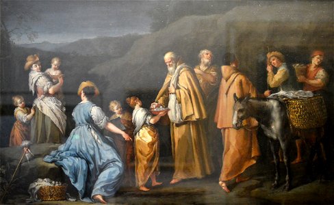 Religieux quêteurs à qui une jeune fille donne des œufs - Giuseppe Gambarini - Q18573679