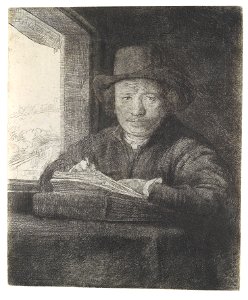 Rembrandt Harmensz van Rijn Selbstbildnis am Fenster zeichnend 1648. Free illustration for personal and commercial use.