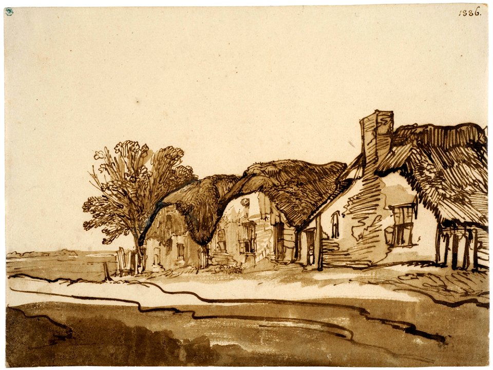 Three Thatched Cottages by a Road by Rembrandt, ink and wash