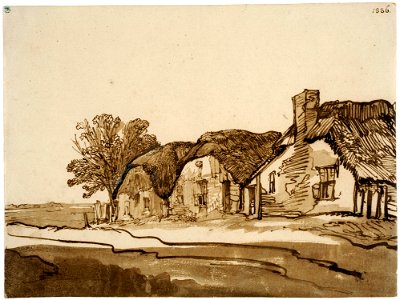 Three Thatched Cottages by a Road by Rembrandt, ink and wash