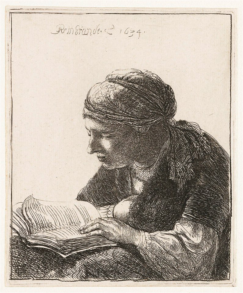 Rembrandt, A woman, reading, 1634 etching, Rijsmuseum Amsterdam
