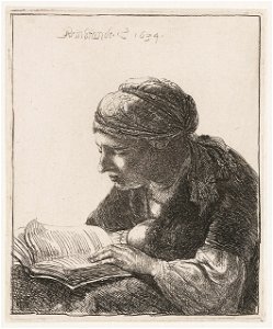 Rembrandt, A woman, reading, 1634 etching, Rijsmuseum Amsterdam