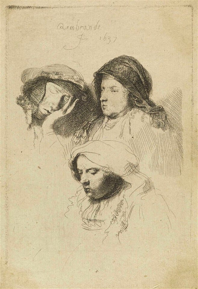 Rembrandt - Três cabeças de mulheres, uma dormindo, 1637