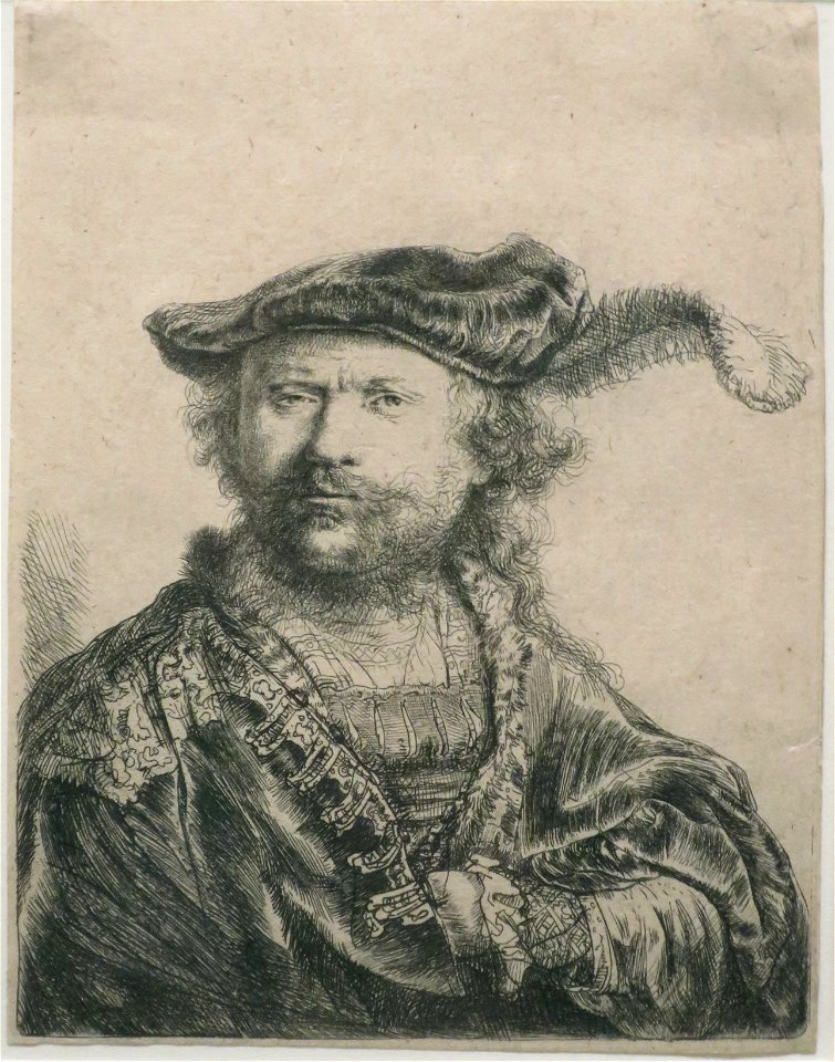 Rembrandt - 'Rembrandt in a Hat with Feather', etching 1638, HMA