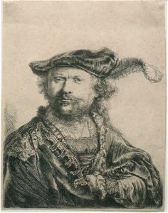 Rembrandt - 'Rembrandt in a Hat with Feather', etching 1638, HMA. Free illustration for personal and commercial use.