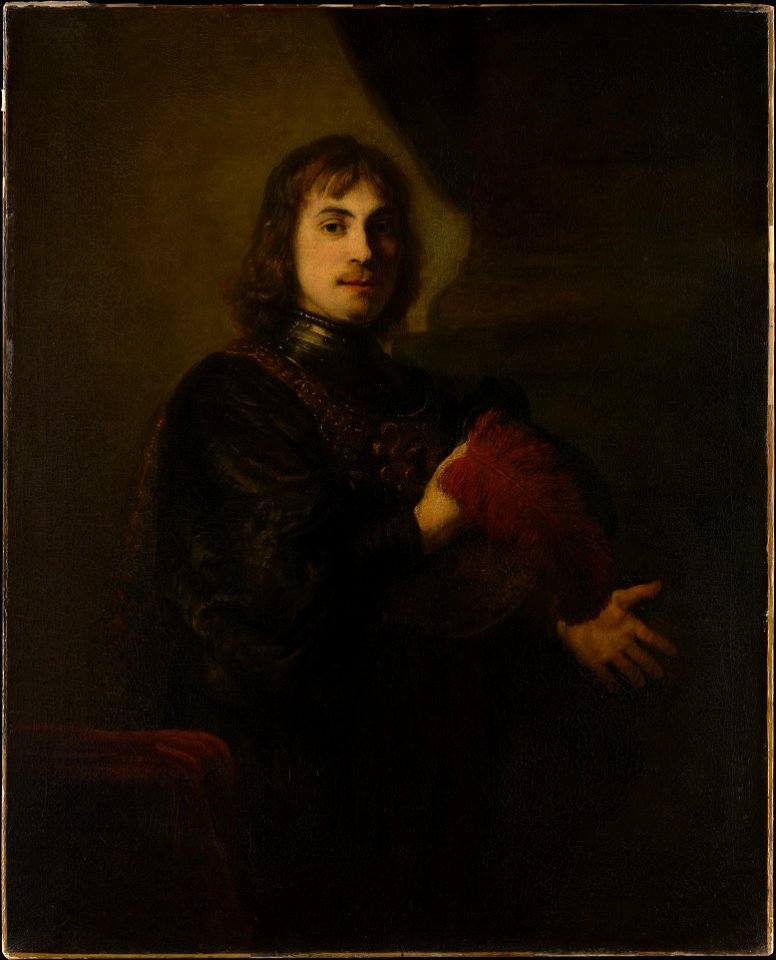 Rembrandt - Portrait of a man in a gorget holding a plumed hat