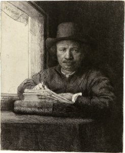 Rembrandt drawing at a window. Free illustration for personal and commercial use.