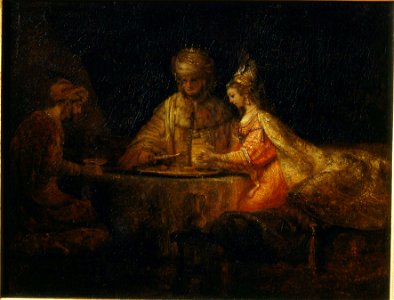 Rembrandt Harmensz van Rijn - Ahasuerus, Haman and Esther - Google Art Project. Free illustration for personal and commercial use.