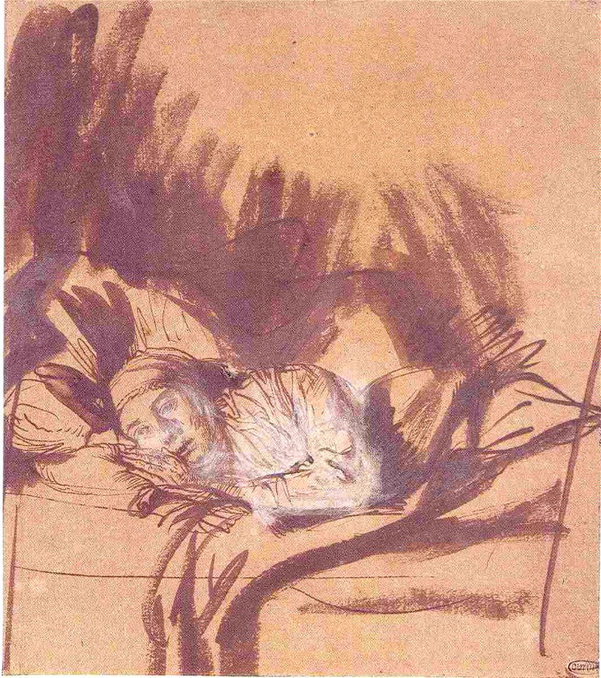 Rembrandt Sick Woman Lying in Bed, Probably Saskia