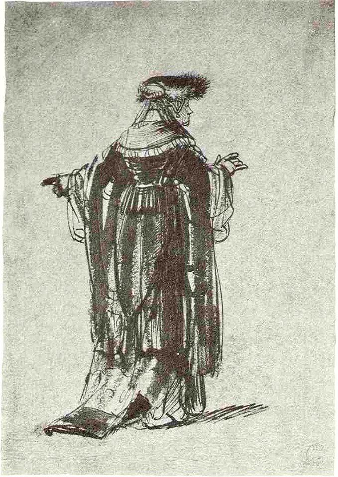 Rembrandt Woman in a Rich Dress and a Fur Hat, Seen from Behind