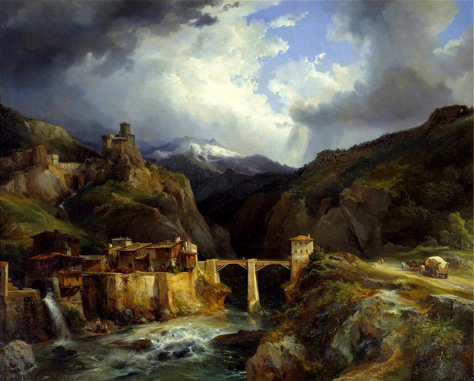 Jean-Charles Joseph Rémond - Village et pont de Crevola sur la route du Simplon à Domodossola (1832)