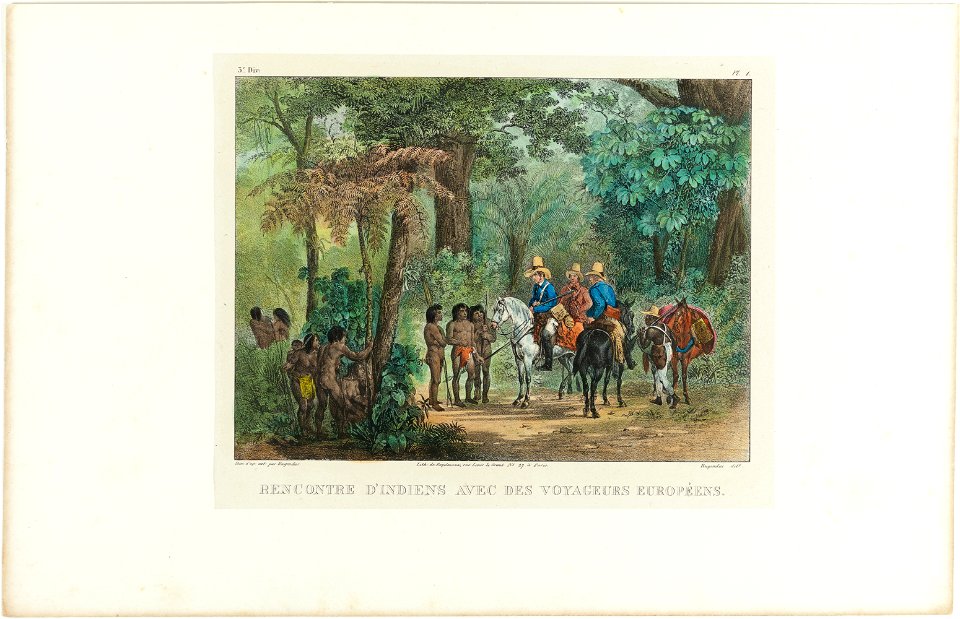 Rencontre d'indiens avec des voyageurs européens., da Coleção Brasiliana Iconográfica