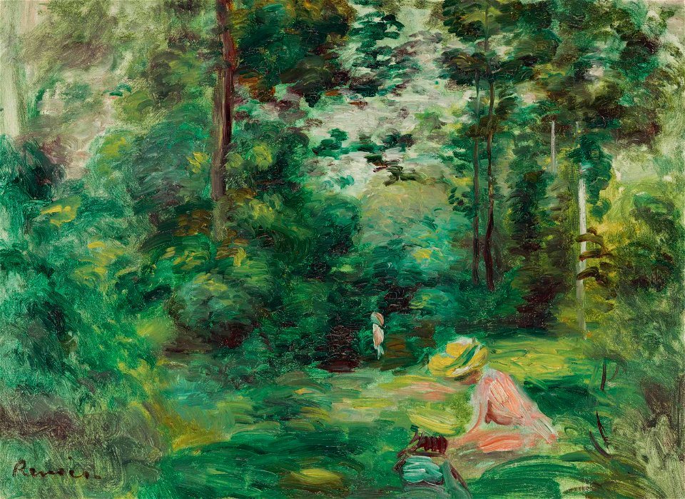 Renoir - Femme lisant dans une clairière (Paysage, petite femme en rose au premier plan), circa 1895
