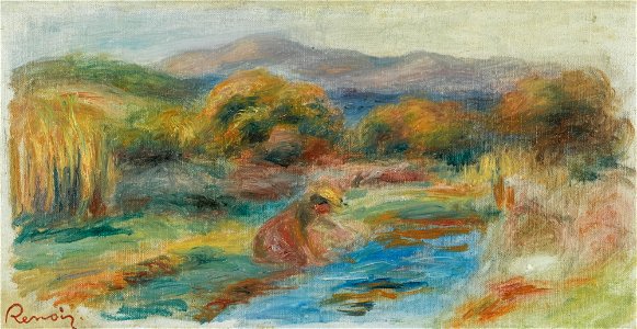 Renoir - LAVEUSE DANS UN PAYSAGE, circa 1900-1910. Free illustration for personal and commercial use.