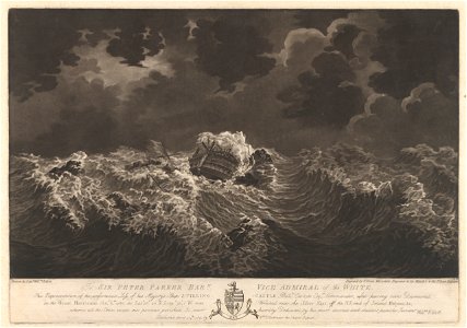 Representation of the unfortunate Loss of His Majesty's Ship Stirling Castle - after having been dismasted in the Great Hurricane Octr 6th 1780 - was wrecked near the Silver Keys, off the NE end of Island Hispaniola RMG PY0732