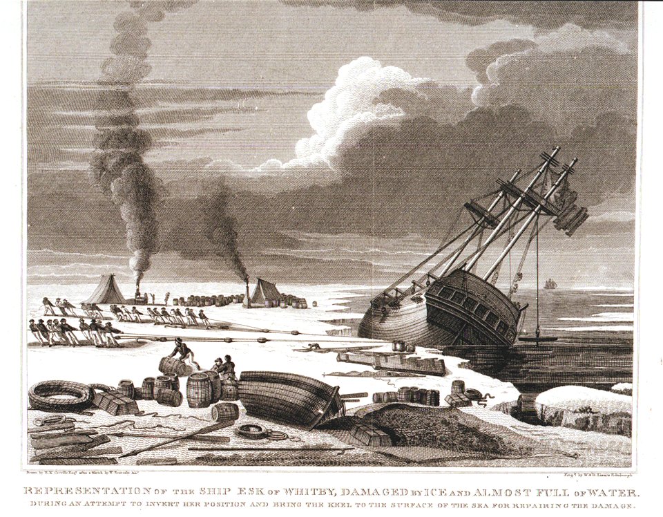 Representation of The Ship Esk of Whitby, Damaged by Ice and Almost Full of Water During An Attempt To invert Her position and Bring The Keel To The Surface of The Sea For Repairing The Damage. See Volume II, P.461 RMG PU6395
