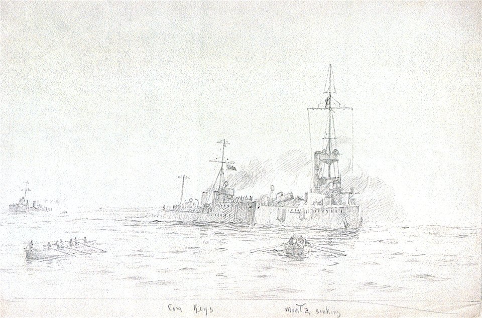 Rescuing the crew of the German light cruiser 'Mainz' at the Battle of the Heligoland Bight, 28 August 1914 (sketch) RMG PV1043