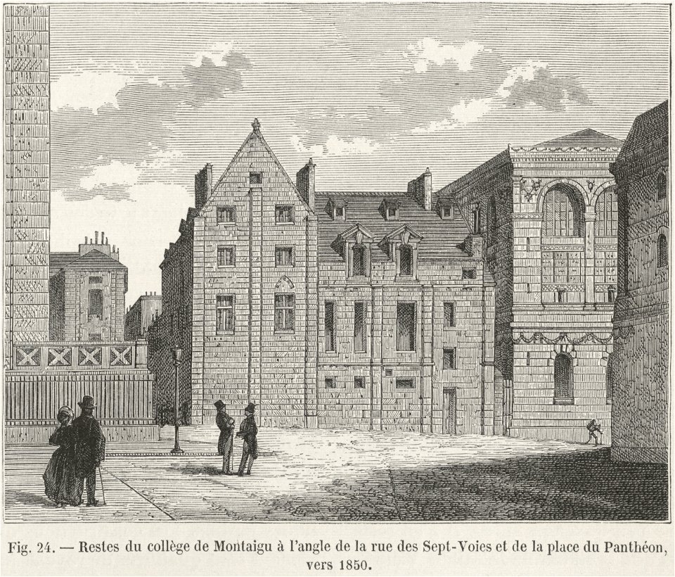 Restes du collège de Montaigu à l'angle de la rue des Sept-Voies et de la place du Panthéon, vers 1850