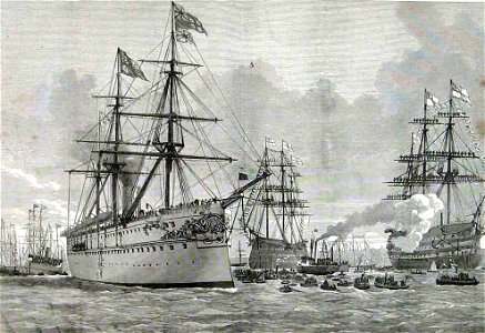 Return of the Prince of Wales, the Serapis coming alongside the Jetty at Portsmouth - ILN 1876. Free illustration for personal and commercial use.