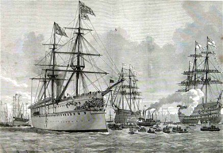 Return of the Prince of Wales, the Serapis coming alongside the Jetty at Portsmouth - ILN 1876