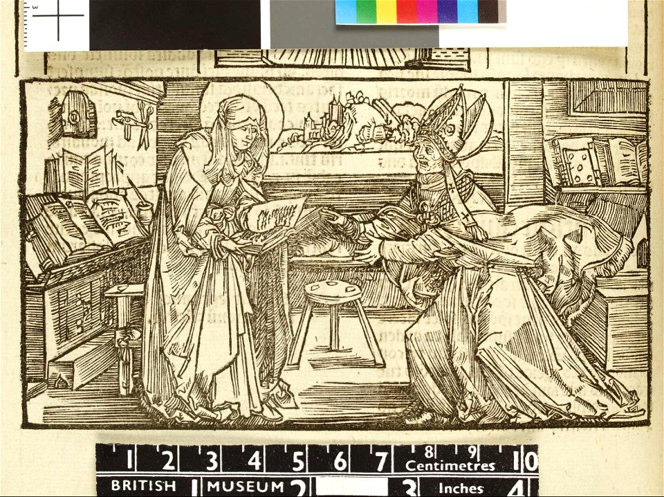 Revelationes Sancte Birgitte by Albrecht Dürer - St. Bridget in her chamber handing her work to a bishop