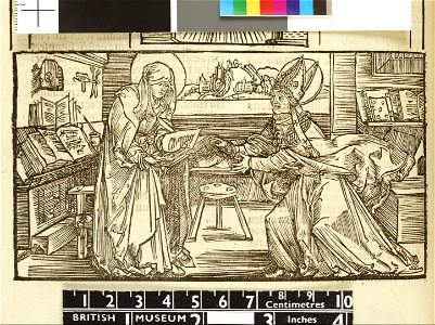 Revelationes Sancte Birgitte by Albrecht Dürer - St. Bridget in her chamber handing her work to a bishop