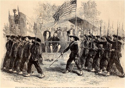 Review of Federal Troops on 4 July by President Lincoln and General Scott, the Garibaldi Guard filing past - ILN 1861