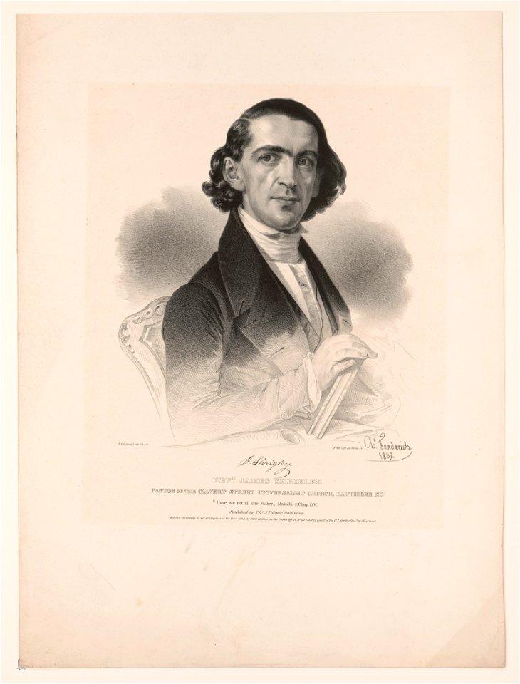 Revd. James Shrigley. Pastor of the Calvert Street Universalist Church, Baltimore Md. - from life on stone by Chs. Fenderich 1842 ; P.S. Duval Lith. Phila. LCCN2003656284