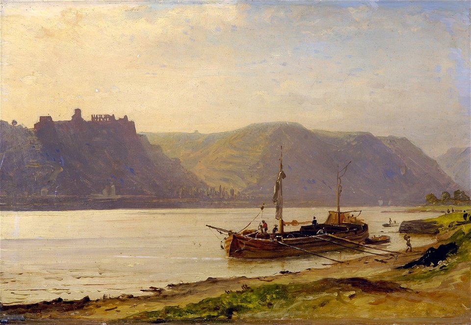 Rheinlandschaft mit Burgruine 19Jh