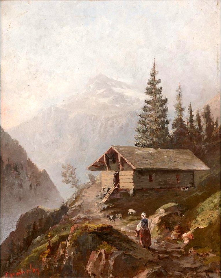 Shepherdess Leading Herd to Stable in High Mountains by Georges Ricard-Cordingley