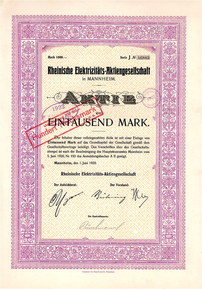 Rheinische Elektrizitäts-AG 1000 Mk 1920