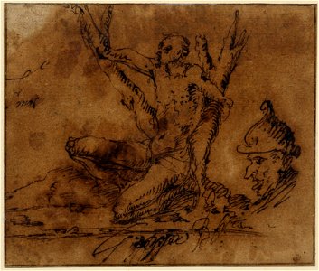 Ribera - Attributed to - Man tied to a tree (possibly St Bartholomew), with a separate study of a caricature head at right, T,13.103