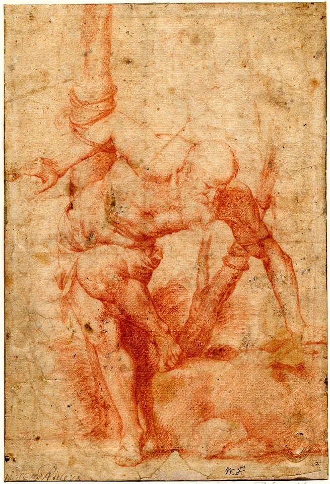 Ribera - After - A saint tied to a tree, he is bending forward, his left hand placed on a rock near a cross, his left leg on the lower part of the rock, after Ribera, Ff,4.38