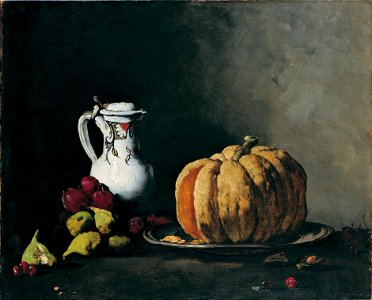 Théodule-Augustin Ribot - Still Life with Pumpkin, Plums, Cherries, Figs and Jug - Google Art Project. Free illustration for personal and commercial use.