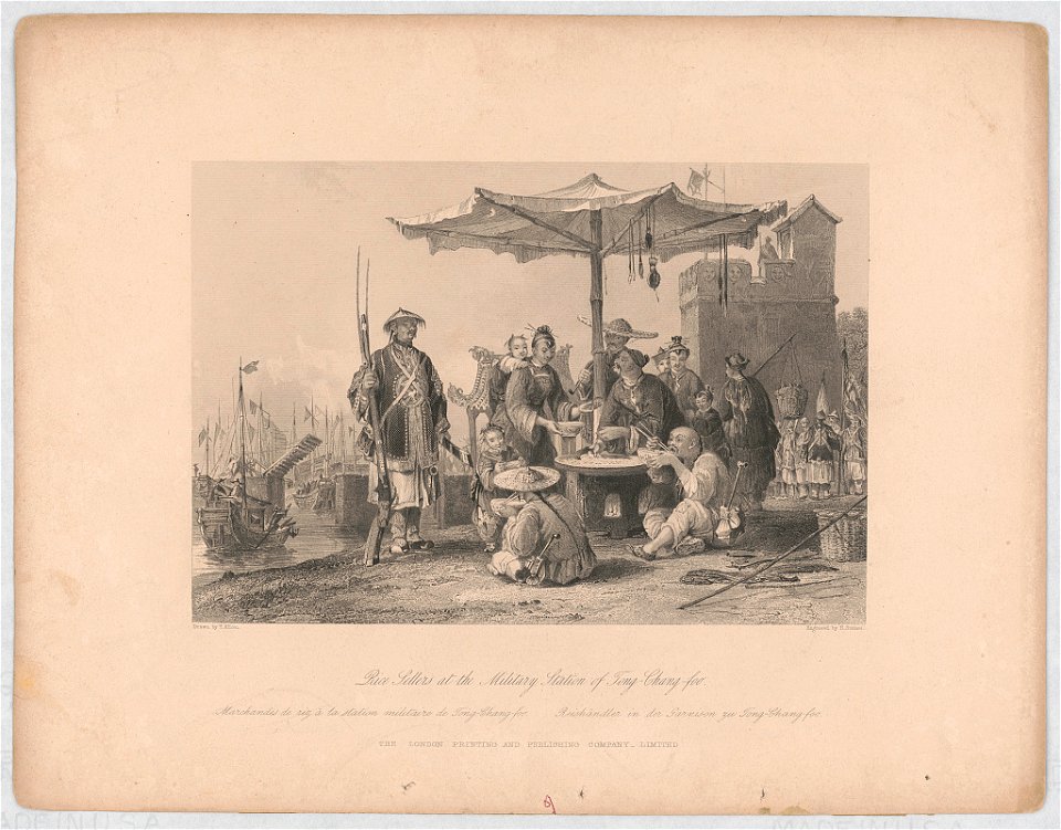 Rice sellers at the military station of Tong-Chang-foo Marchandes de riz à la station militaire de Tong-Chang-foo = Reishändler in der Garnison zu Tong-Chang-foo - - drawn by T. Allom ; LCCN2014649034