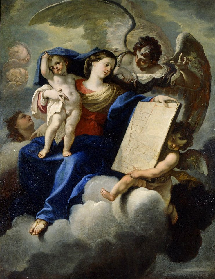Ricci - Madonna col Bambino e angeli che presentano la pianta di un edificio, 1680-1690