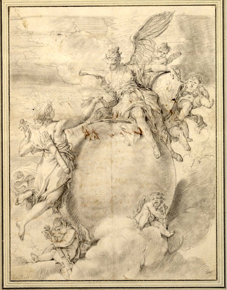 Ricci - Allegorie. Apollo reicht einem Genius mit einer Geige ein Libretto; der Genius hält in seiner Linken eine Schriftrolle und sitzt, von Engeln umgeben, auf einem stehenden leeren Oval, 1754