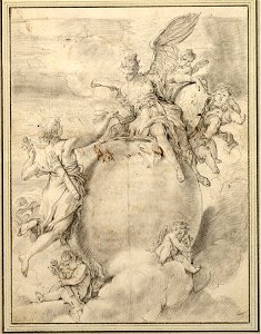 Ricci - Allegorie. Apollo reicht einem Genius mit einer Geige ein Libretto; der Genius hält in seiner Linken eine Schriftrolle und sitzt, von Engeln umgeben, auf einem stehenden leeren Oval, 1754