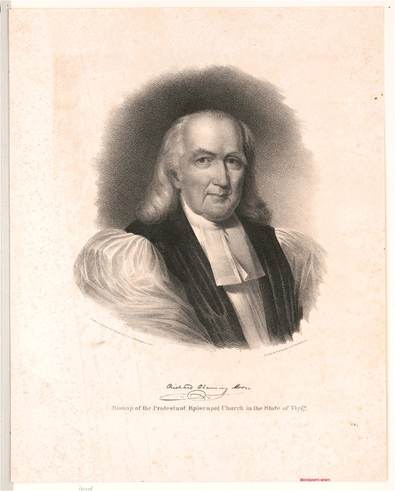 Richard Channing Moore. Bishop of the Protestant Episcopal Church in the state of Virg(ini)a - drawn on stone by Chas. Fenderich, from a painting by G. Cooks (i.e., Cooke). LCCN2017660426