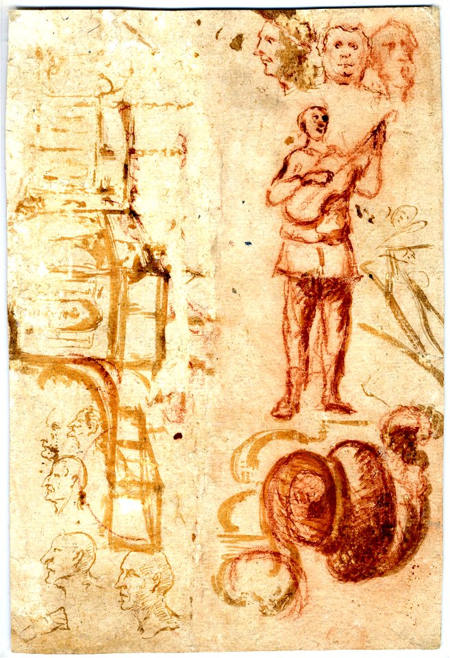 Ricci - Verso Study of a man playing a mandolin, an architectural study, and sketches of male caricatures, 1974,1207.1