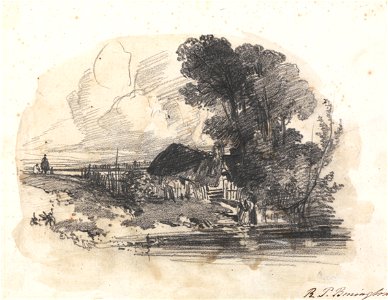Richard Parkes Bonington - Trees and a Cottage by a River - Google Art Project. Free illustration for personal and commercial use.