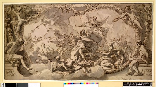 Ricci - Study for a ceiling decoration with the Apotheosis of a Military leader, with two figures seated on the outer edges of the scene, 1964,0411.1