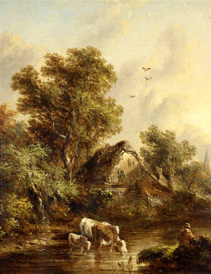 Richard H. Hilder (1813-1852) - Cows Watering by a Cottage among Trees - 515514.4 - National Trust
